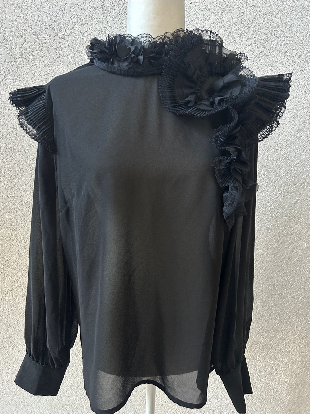 For Her NYC top M Glam chic Wow factor blouse Black semi sheer EUC